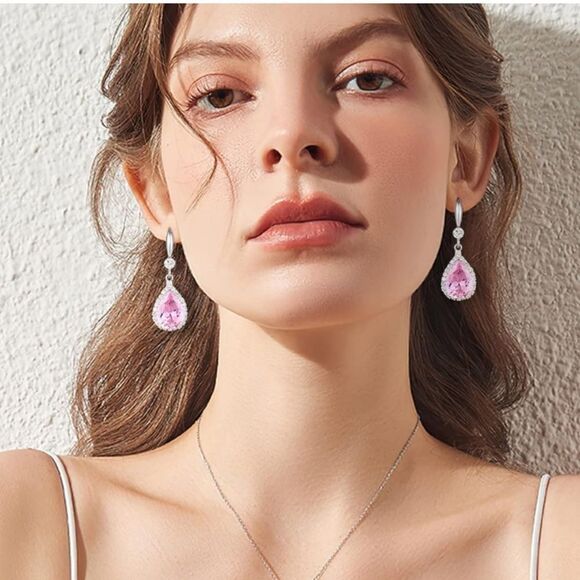 14K White Gold with Pink Sapphire Cubic Zirconia Teardrop Hook Dangle Earrings - Picture 4 of 5